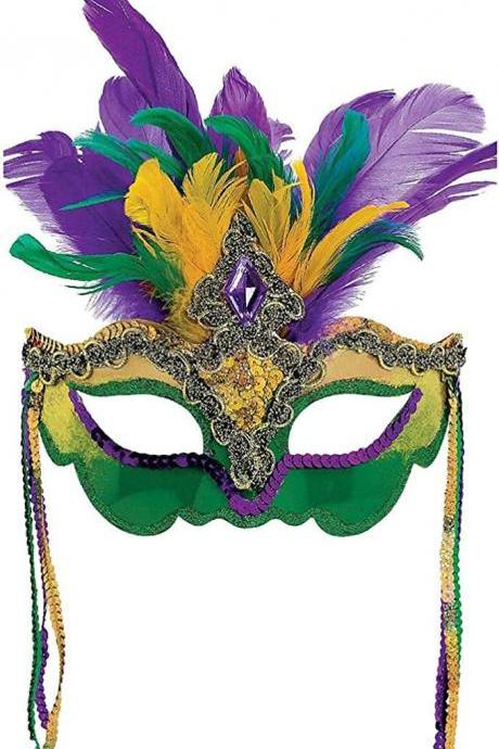Mask Purple, Green, Gold Feather Orleans Carnival Mardi Gras Face Eye Decoration Wreath Decor Costume Favor Party Outfit
