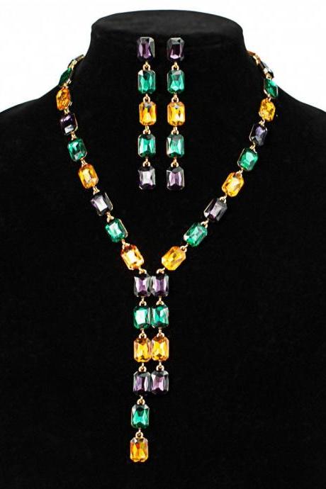 Mardi Gras Emerald Cut Necklace And Earring Set! Parade Costume Orleans Carnival Ball Masquerade