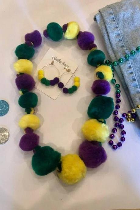 Mardi Gras Pom Pom Necklace Earrings Set Plush Parade Wear