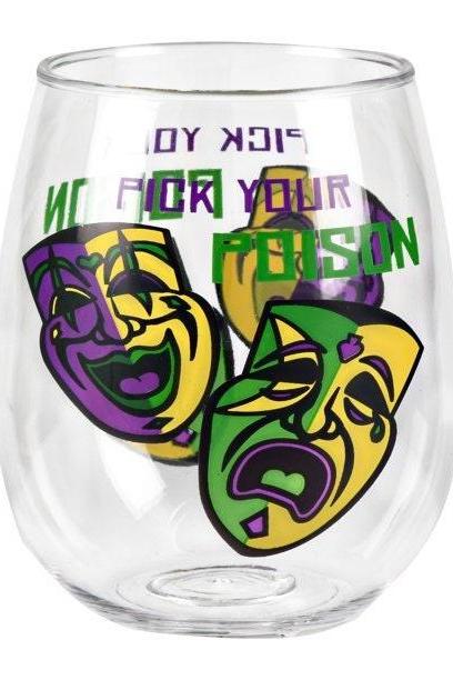 Mardi Gras Confetti 18-ounce Acrylic Stemless Wine Glass Pick Your Poison Cup Parade Drink Party Orleans Bourbon Street Comedy Tragedy