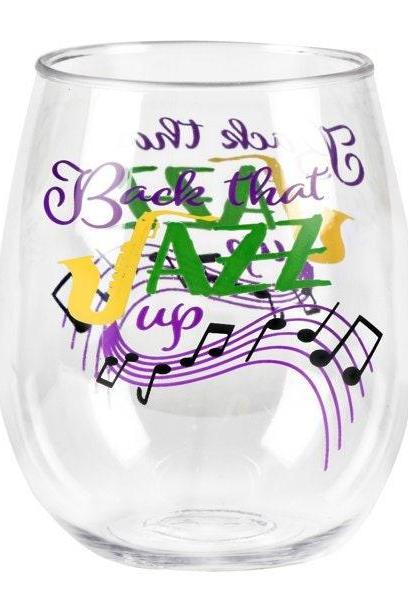 Mardi Gras Confetti 18-ounce Acrylic Stemless Wine Glass Back That Jazz Up Cup Parade Drink Party Orleans Bourbon Street Comedy Tragedy