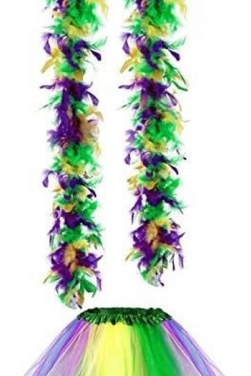 2 Pcs Mardi Gras Feather Boa And Tutu Skirt Costumes Party Purple Green Gold Masquerade Ball Costume Parade Orleans