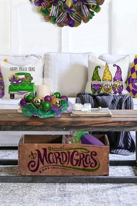 Mardi Gras Pillow Cover For Home Decorations Beads Fleur De Lis Harlequin Mask Gnomes Farm Truck Purple Green Gold Decorative