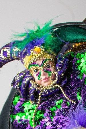 Mardi Gras Jester Face Doll Pin W/ Feathers And Rhinestone On The Side, 5&amp;quot; Tall