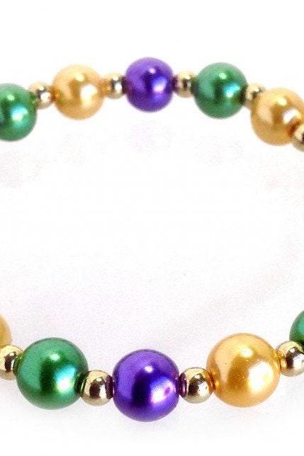 Mardi Gras Pearl Teardrop Gold Hook Earrings Or Mardi Gras Pearl Gold Bead Stretch Bracelet Parade Wear Orleans