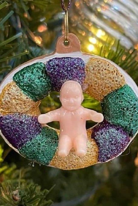 King Cake Orleans Holiday Christmas Mardi Gras Ornament With Gold Gift Box