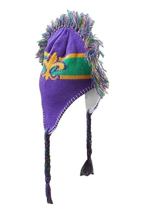 Mardi Gras Mardi Gras Mohawk Knit Hat With Fleur De Lis Beanie Knit Hat: Pgg Purple Green Gold Stripe Hat Costume Parade Orleans Wear