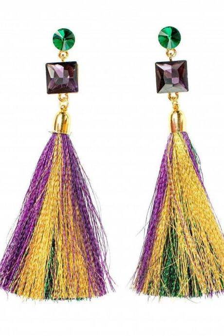 Mardi Gras 4.75&amp;quot; Gem Stone &amp;amp; Tassel Earrings Purple Green Gold Masquerade Ball Costume Parade Orleans