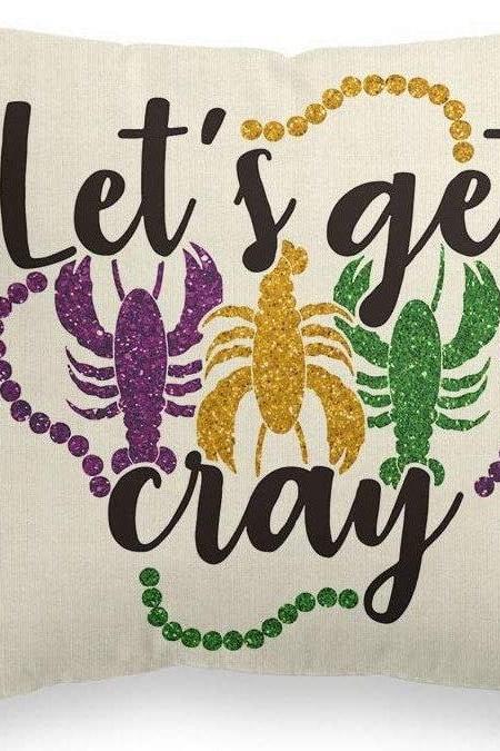 Mardi Gras Pillow Cover Home Decorations Beads &amp;quot;let&amp;#039;s Get Cray&amp;quot; Crawfish Crayfish Lobster Boil Seafood