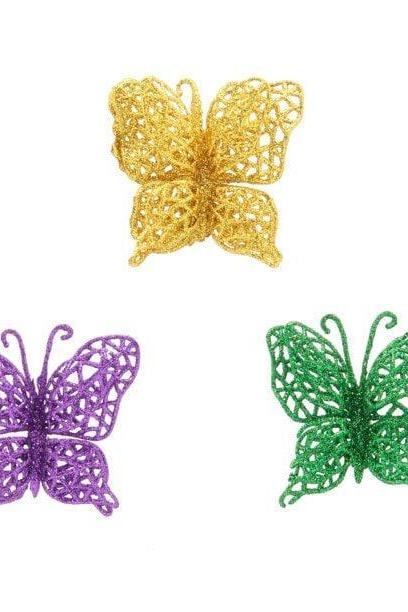 Mardi Gras Feather Butterfly On Clip (3) Purple Green Gold Orleans Decor Broach Wreath Christmas Tree Ornament