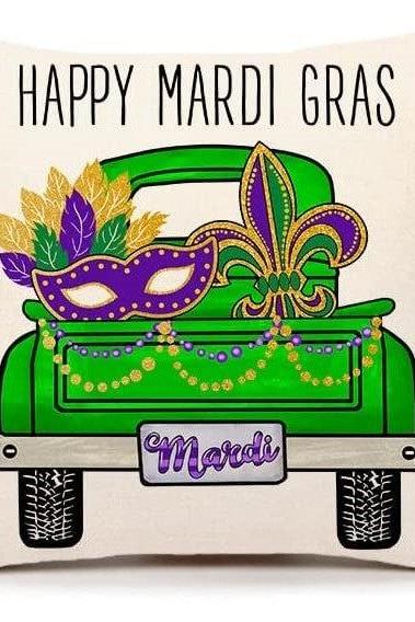 Mardi Gras Pillow Cover For Home Decorations Beads Fleur De Lis Purple Mask Green Farm Truck Purple Green Gold Decorative Fat Tuesday