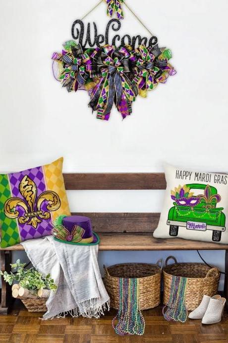Mardi Gras Pillow Cover For Home Decorations Beads Fleur De Lis Purple Green Gold Decorative Fat Tuesday