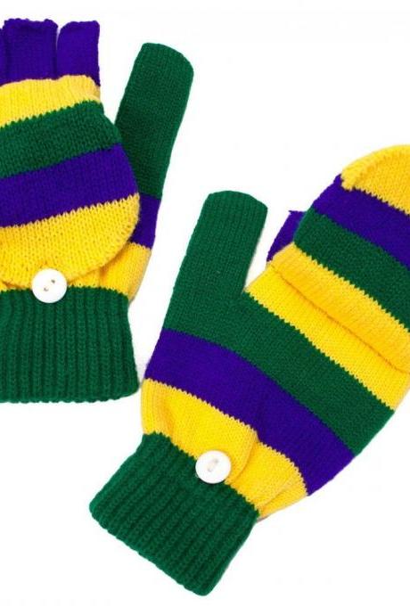 Unisex Fleur De Lis Mardi Gras Fingerless Gloves / Mittens Knit Winter Warm Purple Green Gold Stripe Parade Embroidered