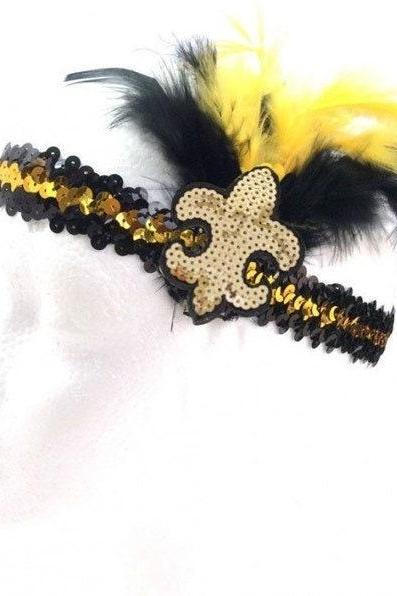 The Black And Gold Fleur De Lis Sequin And Feathered Headband Saints Orleans Flapper Mardi Gras