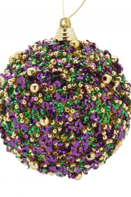 Set Of 2! Mardi Gras Purple, Green, Gold Bedazzled Beads &amp;amp; Sequins Ornaments Round Orleans Holiday Christmas Ornaments