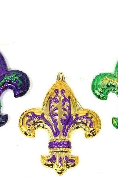 Fleur De Lis Mardi Gras Ornaments: 5&amp;quot; Large Jumbo Set Of (3) Purple Green Gold Holiday Tree Christmas