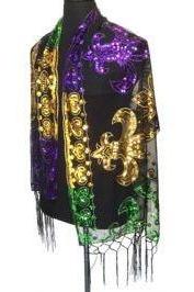 Mardi Gras Fleur De Lis Sequined Shawl Purple Green Gold Fringe Scarf Masquerade Costume Sexy Table Runner Tree Skirt