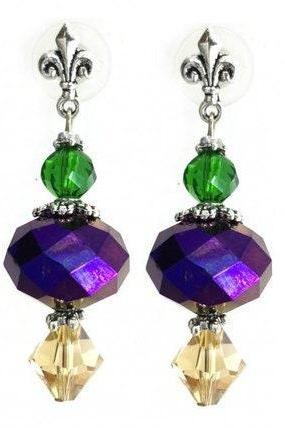 Mardi Gras Crystal Fleur De Lis Post Earrings Purple Green Gold