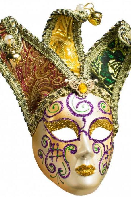 6" Mardi Gras Venetian Mask Ornament With Fabric Hat Lamé With Gold Jingle Bells Christmas Holiday Ornament Decor Decoration