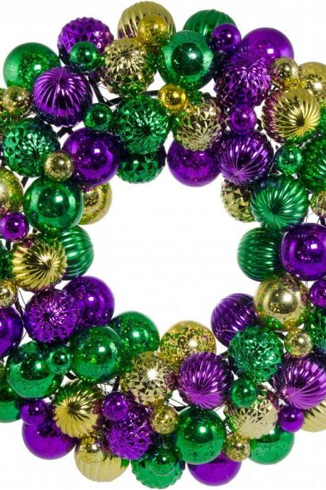 16&amp;quot; Antique Finish Ball Mardi Gras Christmas Wreath: Purple, Green &amp;amp; Gold Decorated Door Ornament Home Collection Decor