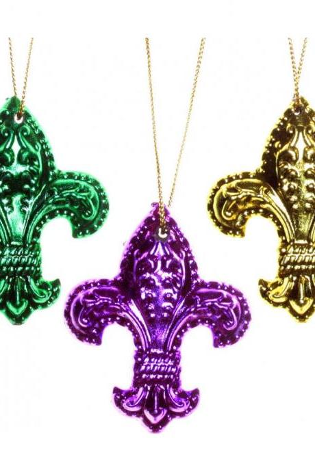 Set Of (6) 1&amp;quot; Inch Mini Fleur De Lis Purple Green Gold Mardi Gras Holiday Christmas Ornaments Orleans