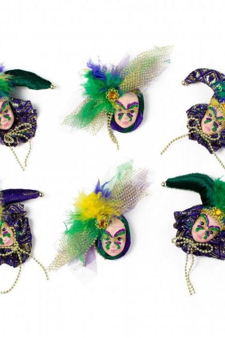 Mardi Gras 4&amp;quot; Assorted Jester Pins (6) Face Doll Pin W/ Feathers And Rhinestone On The Side, 5&amp;quot; Tall