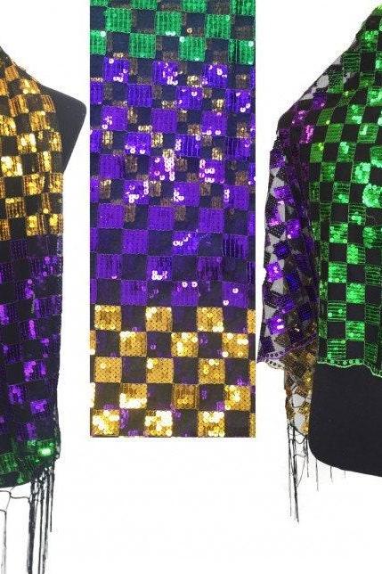 Mardi Gras Sequin Checker Fringe Oblong Scarf Sequined Shawl Purple Green Gold Fringe Masquerade Costume Sexy Table Runner Tree Skirt