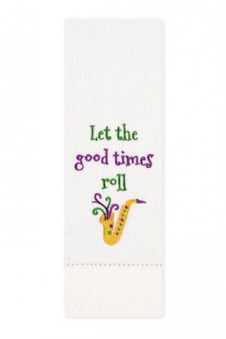 Let The Good Times Roll Decorative Towel Embroidered Tea Laissez Bon Temps Rouler Saxophone In Purple, Green And Gold Decorative Towel