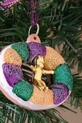 King Cake Baby Orleans Holiday Christmas Mardi Gras Ornament With Gold Gift Box