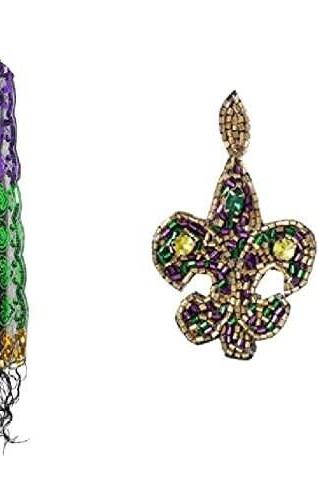 Mardi Gras Fleur De Lis Sequined Scarf And Seed Bead Earrings Set Purple Green Gold Fringe Masquerade Costume Sexy Table Runner Tree Skirt