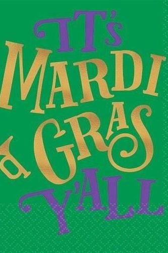 Mardi Gras Y&amp;#039;all Fleur De Lis Din Beverage Napkins: Gold Green Purple (16)