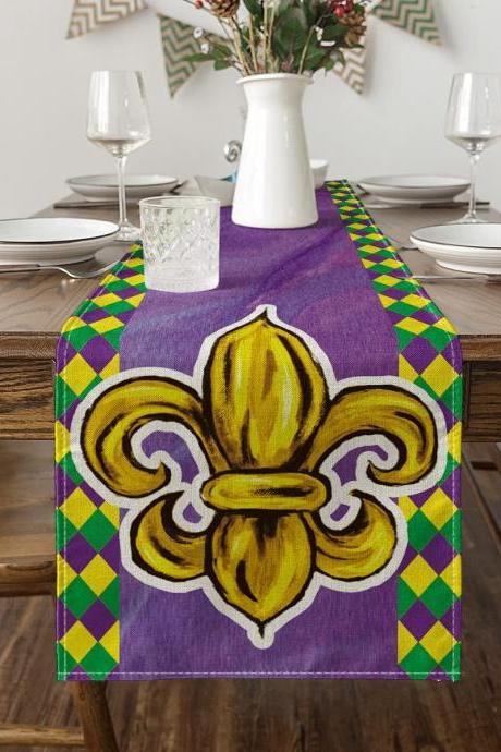 Mardi Gras Carnival Table Runner Harlequin Fleur De Lis Holiday Dining Decoration Indoor Outdoor Home Party Decor 13 X 72 In Orleans