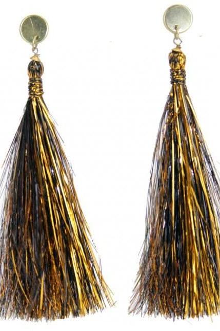 Black Gold Tinsel Tassel Post Earrings Mardi Gras Saints Orleans Parade Masquerade Ball