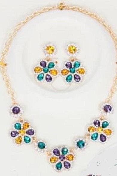 Mardi Gras Faux Gems Flower Earrings Necklace Sexy Masquerade Ball Parade Wear Party