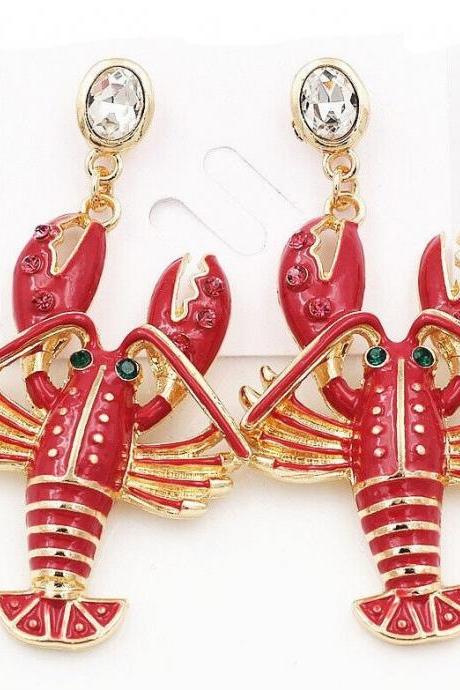 Crawfish Red Enamel Crystal Women's Dangle Earrings Earrings Dangle Stud Ornament Gift Mardi Gras Lobster Crayfish Pierced
