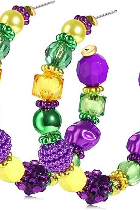 Mardi Gras 4&amp;quot; Gemstones Hoop Earrings Purple Green Gold Masquerade Ball Costume Parade Orleans