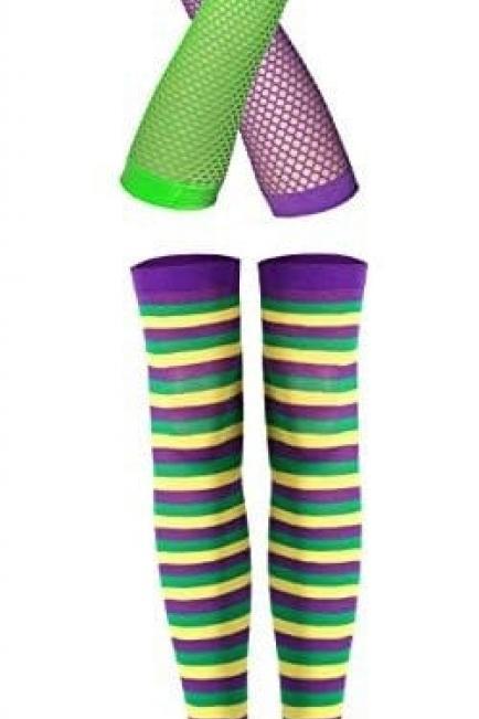 2 Pcs Mardi Gras Thigh High Striped Socks, Tights And Net Gloves Costumes Party Purple Green Gold Masquerade Ball Costume Parade Orleans