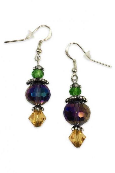 Mardi Gras Color Purple Green Gold Crystal Hook Earrings Carnival Fat Tuesday Masquerade Costume