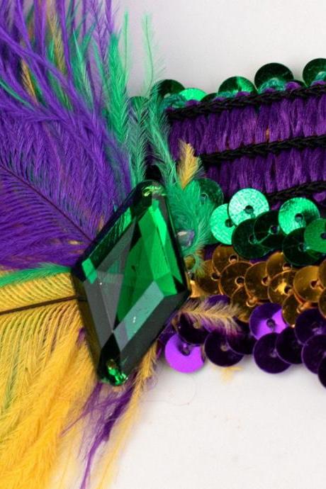 Mardi Gras Feather Elastic Sequin Headband With Emerald Jewel Sequin Headband Orleans Bourbon St. Costume Parade Wear Headpiece