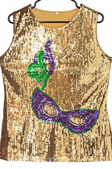 Mardi Gras Mask Sequin Top Shirt Blouse (medium) Carnival Mask Purple Green Gold