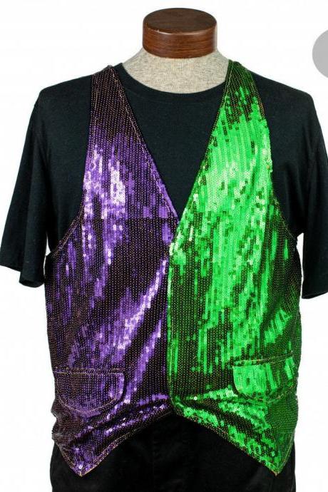 Mardi Gras Sequin Party Vest: Large Parade Wear Purple Green Qold