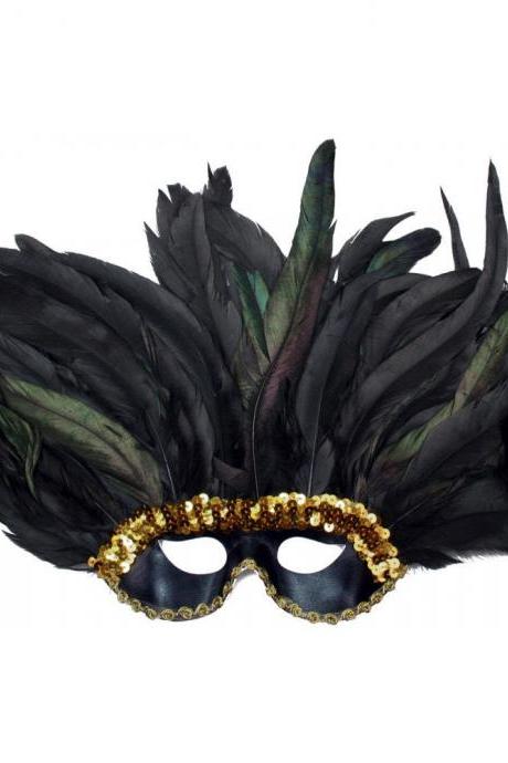 Black & Gold Sequin Band Feather Mask Feather Orleans Carnival Mardi Gras Halloween Decoration Wreath Game Costume Party Outfit