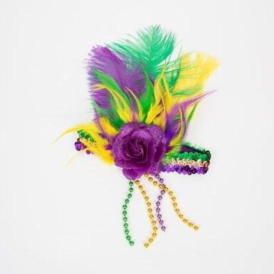 Mardi Gras Feather Fleur De Lis Sequin Headband Purple Flower Green Gold Sequin Beads Fat Tuesday Accessory New Orleans